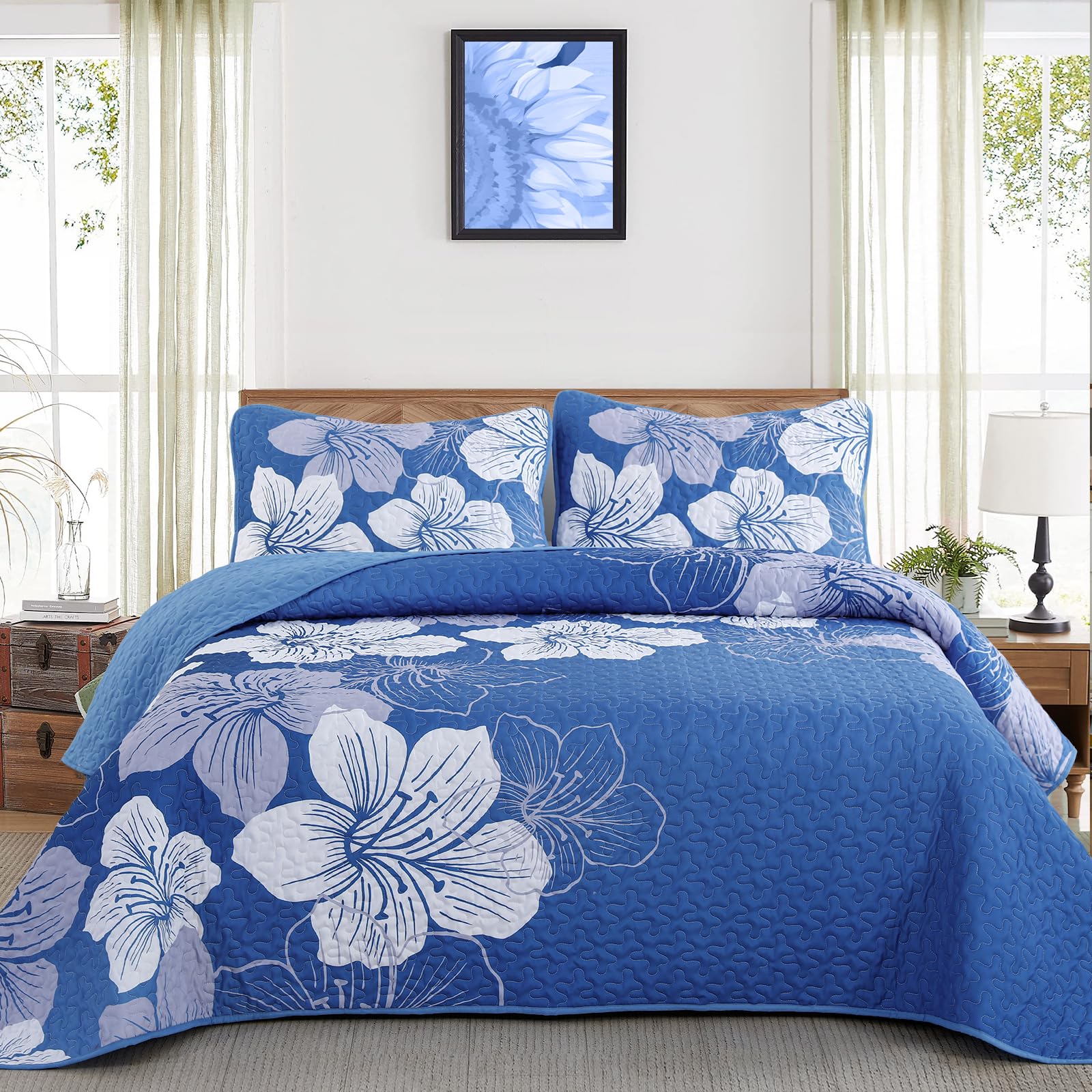 Djy Blue Quilt Set Queen 3 Pieces Botanical Floral Quilt Summer Bedding Set Gradient Soft Boho Bedspread With 2 Pillow Shams Lig